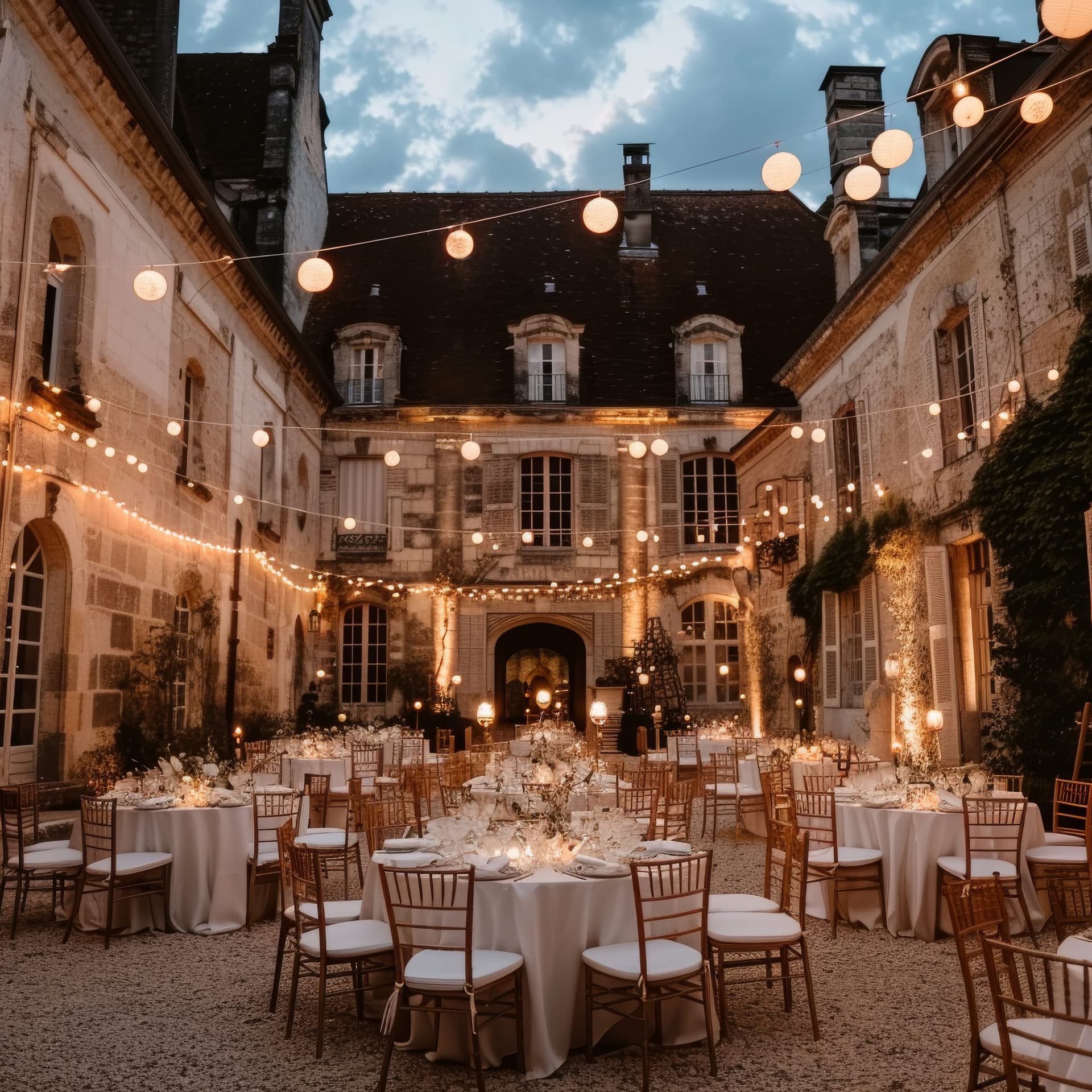 Cour d'un mas à la tombée du jour, guirlandes guinguette tendues au-dessus des tables rondes